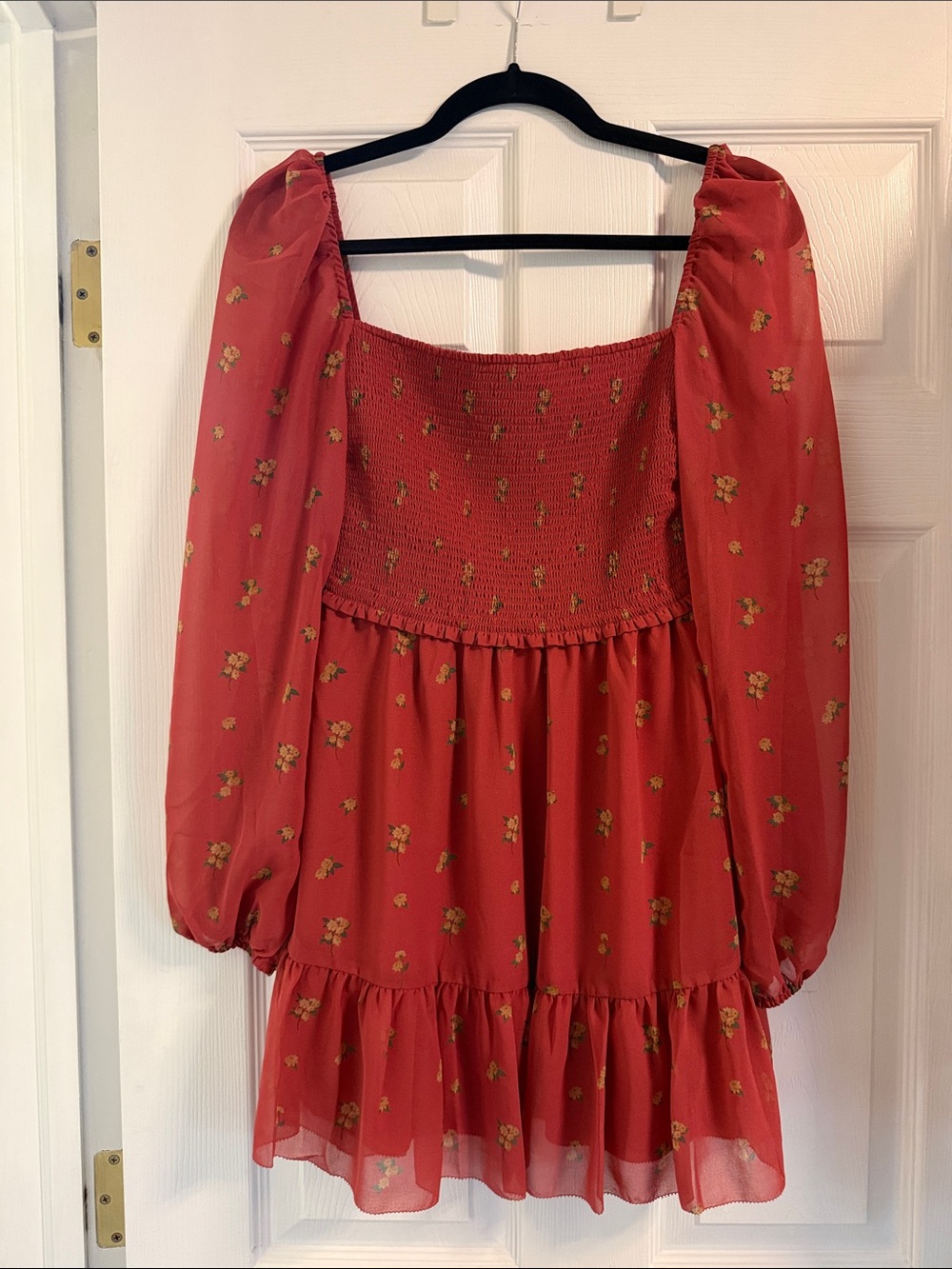 Wilfred Red Floral Smocked Mini Dress with Puff Sleeves